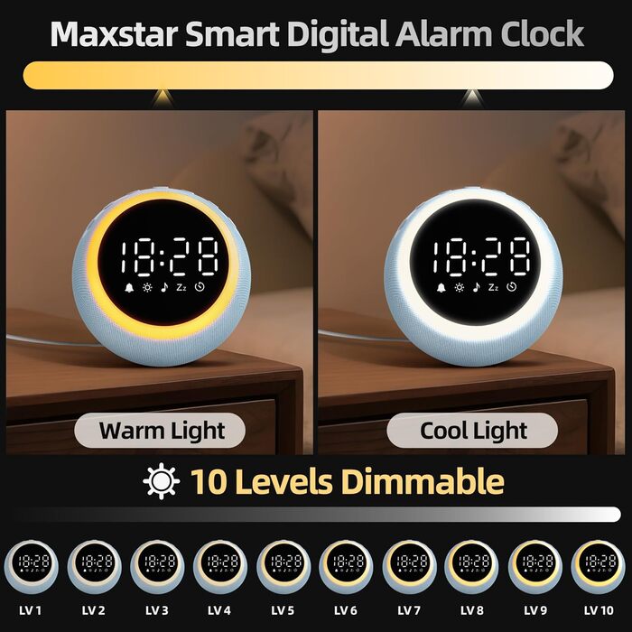 Розумний цифровий будильник з 25 розслаблюючими звуками, нічником, кнопкою повтору будильника, таймером та регульованою гучністю/яскравістю - білий шум для сну для дітей, дівчаток та дорослих у спальні, 12 см, синій