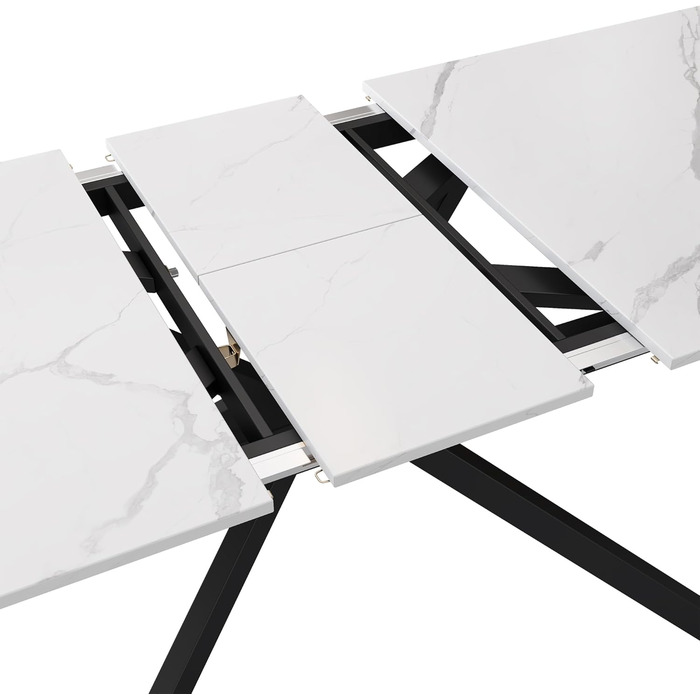 Розсувний обідній стіл, автоматично розсувний, прямокутний, журнальний/відпочинковий столик, Д150/180 x Ш70 x В76 см, дизайн зі схрещеними ніжками, мармурова структура, чорно-білий