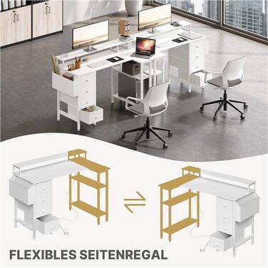 Г-подібний стіл Yaheetech з розетками, 120 x 68 см, білий, двосторонній ігровий стіл з кріпленням для монітора, 4 шухляди, 2 полиці та 1 сумка для зберігання, кутовий стіл для домашнього офісу