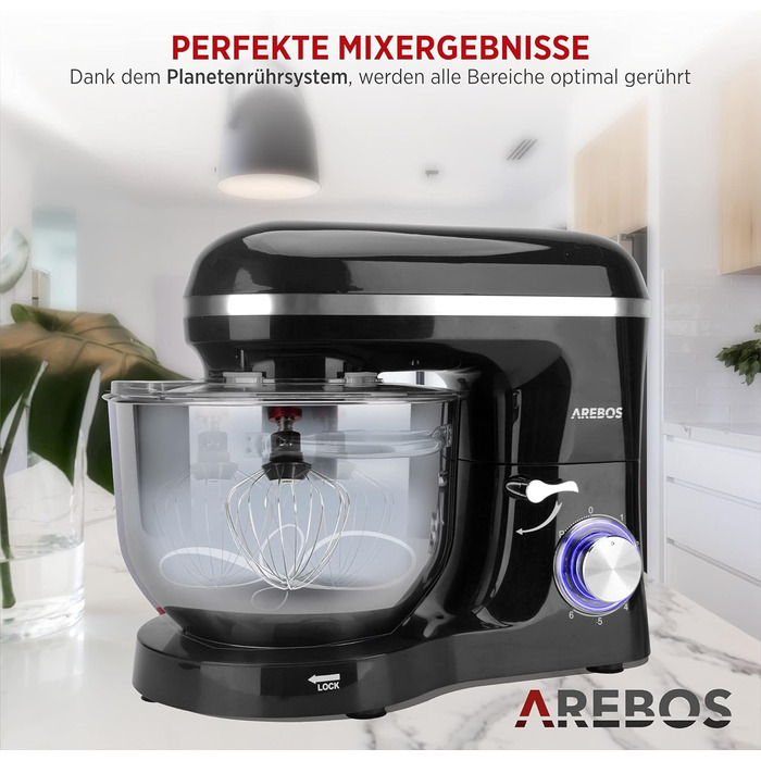 Кухонний комбайн Arebos 1500 Вт з чашею для змішування з нержавіючої сталі об'ємом 6 л Чорний з гачком для змішування, гачком для тіста, вінчиком Захист від бризок 6 швидкостей Тістомісильна машина Тістомісна машина