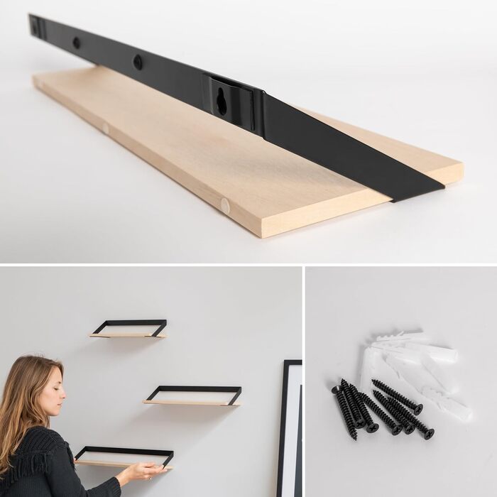 Набір настінних полиць -Finn- Підвісні полиці з металу та шпону натурального дерева Оздоблення стін та зберігання для ванної, віта