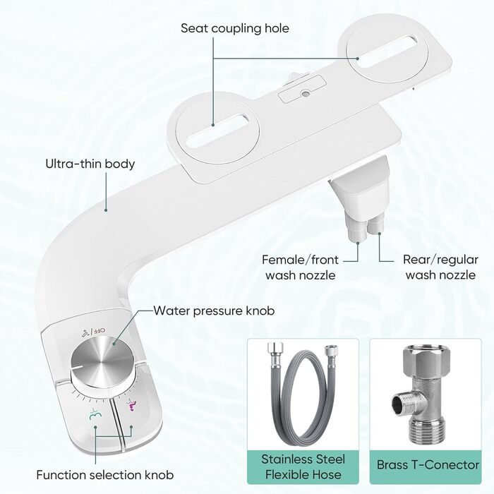 Насадка для біде - Неелектрична насадка для унітазу для біде MUJIUSHI з висувними самоочисними подвійними форсунками, переднім і заднім очищенням, регульованим реле тиску для холодної води