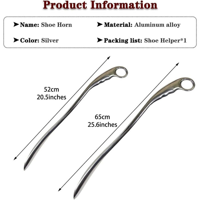 Ріжк для взуття з довгою ручкою, міцний ріжок для взуття, ріжк для взуття з довгою ручкою для людей похилого віку, матеріал з алюмінієвого сплаву, міцний підйомник для взуття, портативний ріжок для взуття з великим отвором для підвішування 65 см срібло