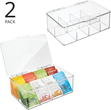 Чайна коробка mDesign з 8 відділеннями Практична коробка для зберігання чайних пакетиків Універсальна штабельована коробка для кухні Набір з 2 шт. Прозора