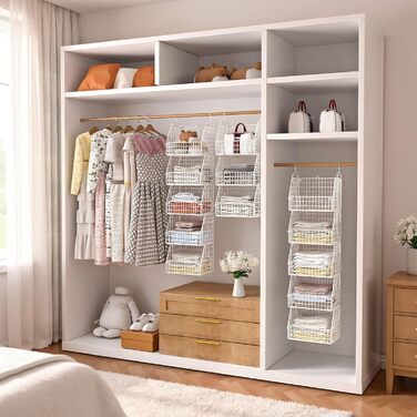 Металева підвісна полиця, 6 ярусів, штабелюваний органайзер для шафи, міцна та компактна підвісна полиця, ідеально підходить для студентських гуртожитків та кемперів, білий колір