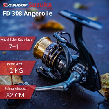 Рибальська котушка Robinson - переднє гальмо, 8 кулькових підшипників, дюралюмінієва шпуля, 5.21 - підходить для лову окуня, форелі, головня, судака, щуки та сома залежно від розміру - Suzuka 3000