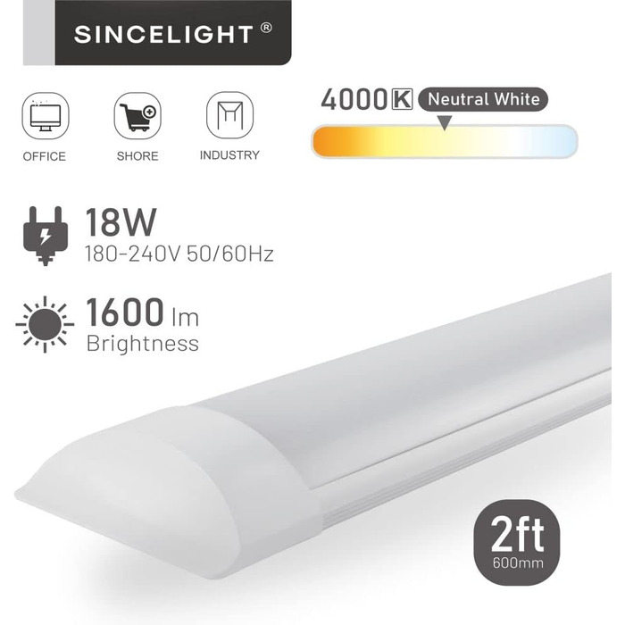 Світлодіодна стрічка SINCELIGHT 18 Вт, вбудована лампа 2 фути (60 см), стельове освітлення або настінний світильник для кухні, гаража, майстерні, ванної кімнати, складу, офісу, магазину, нейтральний білий 4000K, 1 частина нейтрального білого (4000k) 2 фут