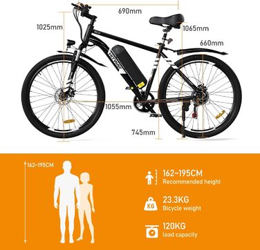 Електровелосипед HITWAY E Bike 26 дюймів 250 Вт 36V 12Ah 7 швидкостей чорний