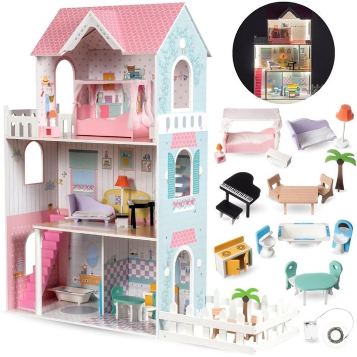 Дерев&39яний ляльковий будиночок 123 см зі світлодіодним підсвічуванням Великий ляльковий будиночок для дітей віком від 3 років з меблями та садом Ляльковий будиночок з підсвічуванням та аксесуарами Креативний ігровий будиночок для дівчаток