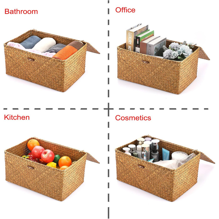 Кошик для зберігання морської трави IGNPION з кришкою, плетений настільний кошик з лози, прямокутний органайзер для зберігання у ванній кімнаті, декоративний кошик під полицею для вітальні, багатоцільовий кошик для зберігання (XL, 40x28x19 см, карамельний