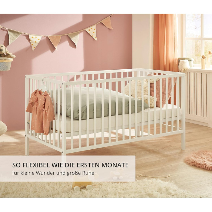 Дитяче ліжко Celia Safe 60x120 см з масиву бука білого кольору - Функціональне дитяче ліжечко з регульованою по висоті рейковою основою - 64 x 80 x 124 см (Ш/В/Г)