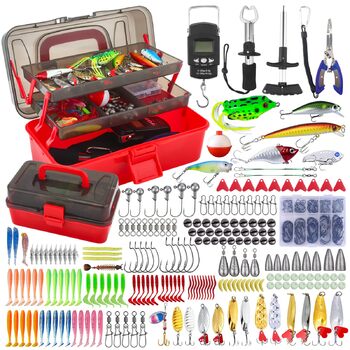 Набір рибальських снастей із 314 предметів, набір рибальських снастей з рибальськими аксесуарами, затискачами для губ, знімачем гачків, гачками, рибальськими приманками, коробкою для снастей на 3 полиці. Підходить для початківців та професіоналів у компле