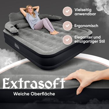 Надувний матрац для 2 осіб система 3 в 1 Елегантне гостьове ліжко та кемпінгове ліжко Надувний матрац з електричним насосом 150x200 Самонадувальний надувний матрац для 2 осіб, чорний/антрацит