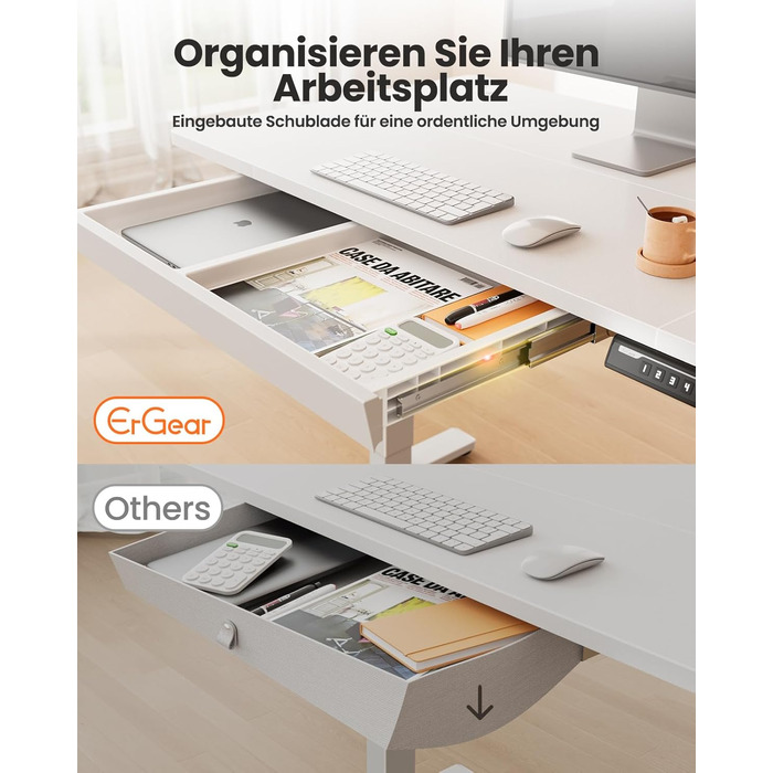 Стіл ErGear з регульованою висотою 120 x 60 см, Електричний стіл з регулюванням висоти з шухлядою та 4 смарт-панелями з функцією пам&39яті, Т-подібна конструкція ніжок для стійкості, Багатосекційна стільниця 120 x 60 см, білий колір шухляда