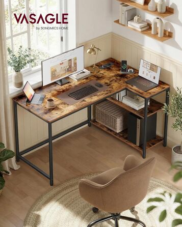 Г-подібний кутовий стіл, комп&39ютерний стіл з місцем для зберігання, офісний стіл, полиця з регульованою висотою, для домашнього офісу, з 2 розетками змінного струму та 2 USB-портами, 120 x 80 см, вінтажно-коричневий LWD132KD01 Подовжувач живлення 120 x 