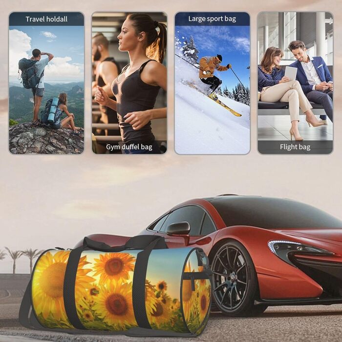 Спортивна сумка для подорожей, чорна, з принтом соняшникового поля, універсальний розмір