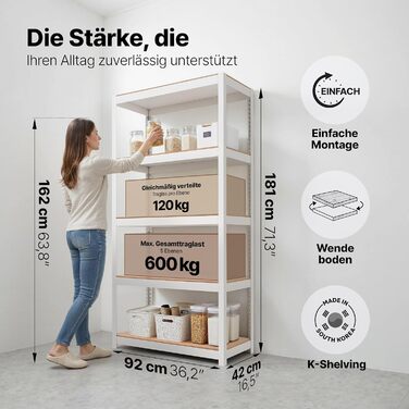 Стелаж, стелаж для підвалу, стелаж для зберігання речей, побутовий стелаж, кухонний стелаж, гаражний стелаж, 40 x 90 x 180 см, стелаж з полицями з ламінованого МДФ, регульовані полиці, білий (полиця-Ш) 90*40*180 см