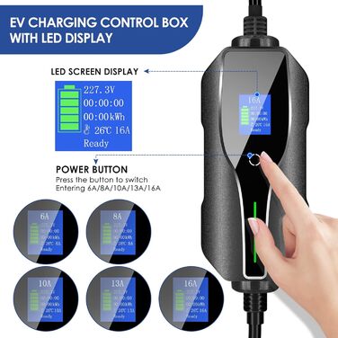 Зарядний пристрій для електромобілів 7,5М зарядний кабель типу 2 Schuko з цифровим дисплеєм Керований 6/8/10/13/16 А, 220-240 В, 3