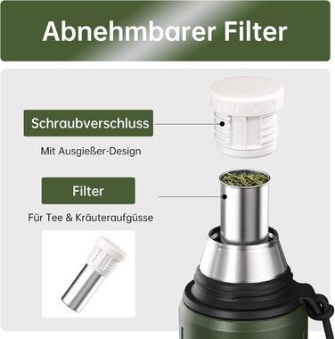 Термос з чашкою, 1 літр (зберігає холод 72 години та гарячий 24 години) Термопляшка для кави та чаю, зі знімним дном та фільтром, підходить для подорожей, офісу та школи (зелена)