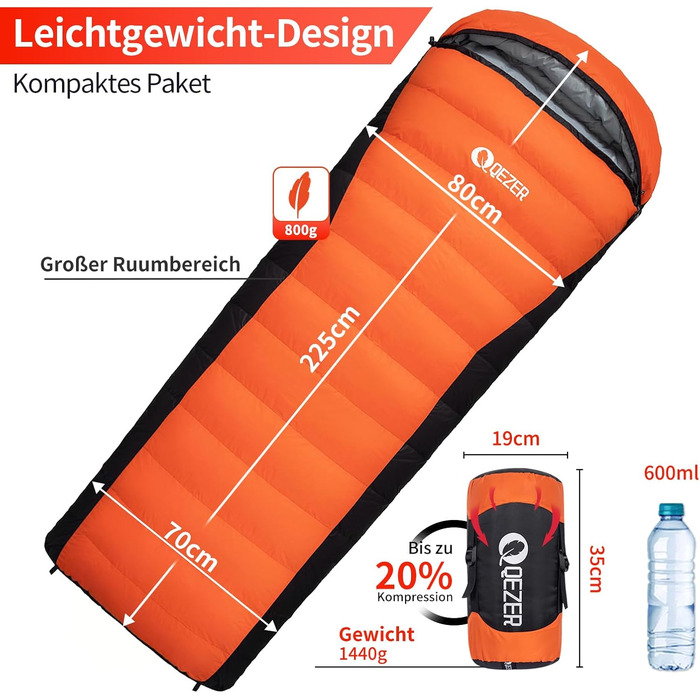 Пуховий спальний мішок, зимовий спальний мішок, преміум-пух 600FP, від 12C до -24C, легкий та теплий на 3-4 сезони, для кемпінгу, походів та трекінгу на природі, помаранчевий, 7C