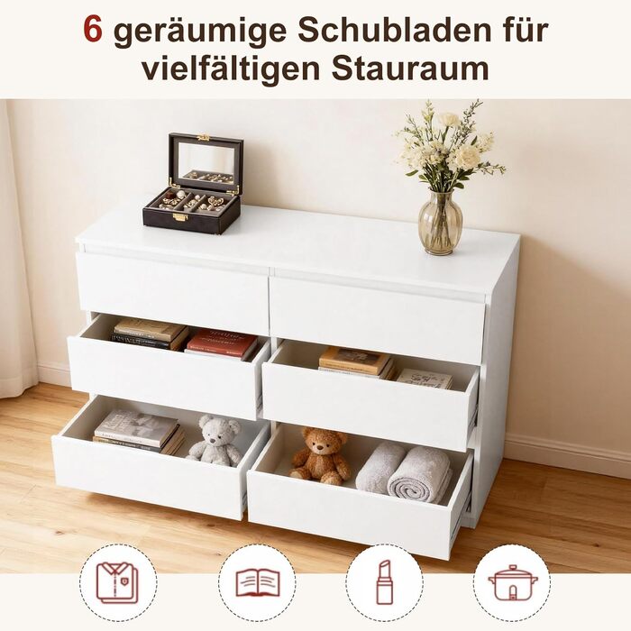 Комод Sweetcrispy, білий буфет з 6 шухлядами, 1203075 см, багато місця для зберігання речей для вітальні, коридору та спальні, сучасний комод білий 120 30 75 см