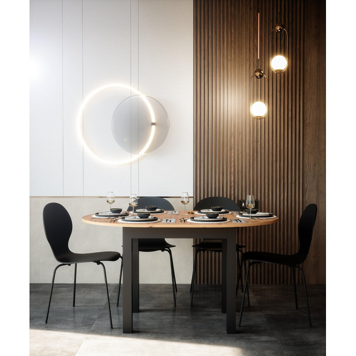 Круглий розкладний обідній стіл Newfurn 100140 см сучасний функціональний стіл з дикого дуба, скандинавський дизайн, стабільний та гнучкий для їдальні. Антрацит / Дикий дуб. Круглий 100-140 см.