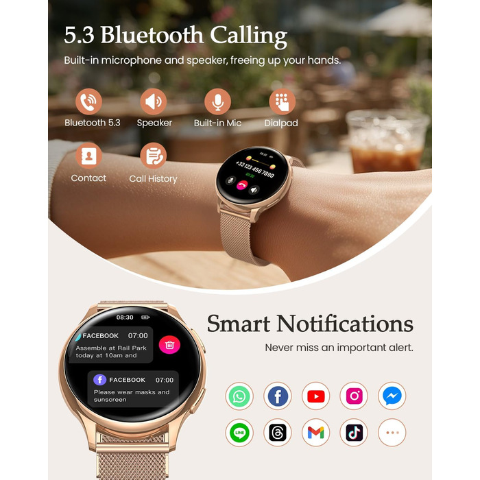 Жіночий смарт-годинник, 1,27-дюймовий HD фітнес-годинник з функцією телефону, відстеження менструального циклу, понад 120 спортивних режимів, 24-годинний монітор серцевого ритму, 24-годинний монітор SpO2, монітор сну, калорії, фітнес-трекер, IP68, сумісни