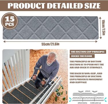 Килимки для сходів, протиковзкі, 15 шт. , килимки для сходів всередині приміщень, нековзкі, самоклеючі килимки для сходів 55x19 см, для дерев&39яних та мармурових сходів, протиковзкий килимок для дітей, людей похилого віку та домашніх тварин (B)