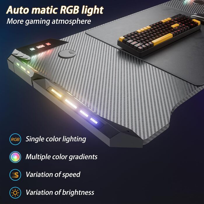 Ігровий комп&39ютерний стіл зі світлодіодним підсвічуванням 160x60 см, чорний, ПК-стіл з підставкою для чашок та гачком для навушників, ергономічний ігровий стіл M-подібної форми, ігровий стіл з вуглецевим волокном для спальні/кабінету, 160x60x73 см