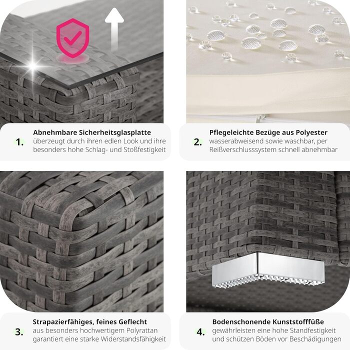 Набір садових лаунжів tectake Poly Rattan Aluminium стійкий до погодних умов, диванний столик зі скляною стільницею, меблі для відпочинку з 2 комплектами чохлів, 4 подушки, набір меблів з диваном, крісло та стіл, подушка для сидіння та спинки - сірий сіри