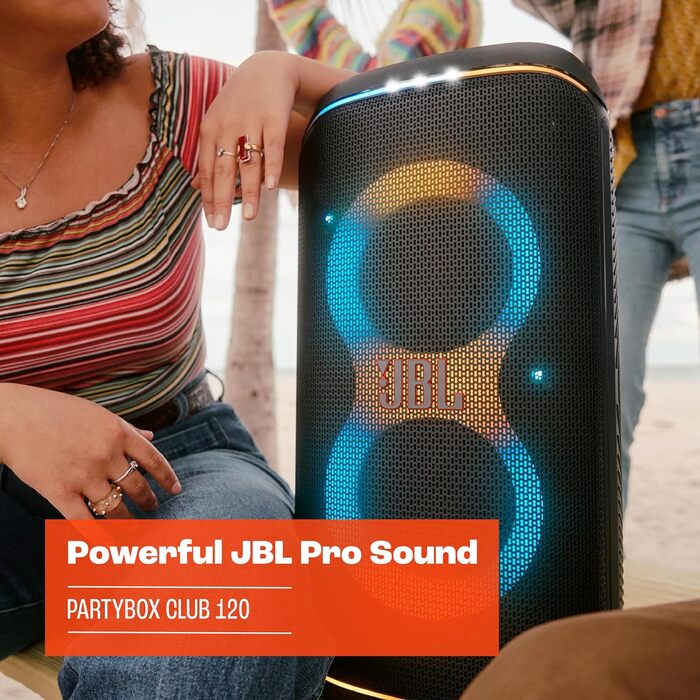 В чорному кольорі - портативна Bluetooth-колонка з JBL Pro Sound, світловим шоу, підсиленням звуку AI та телескопічною ручкою - ча