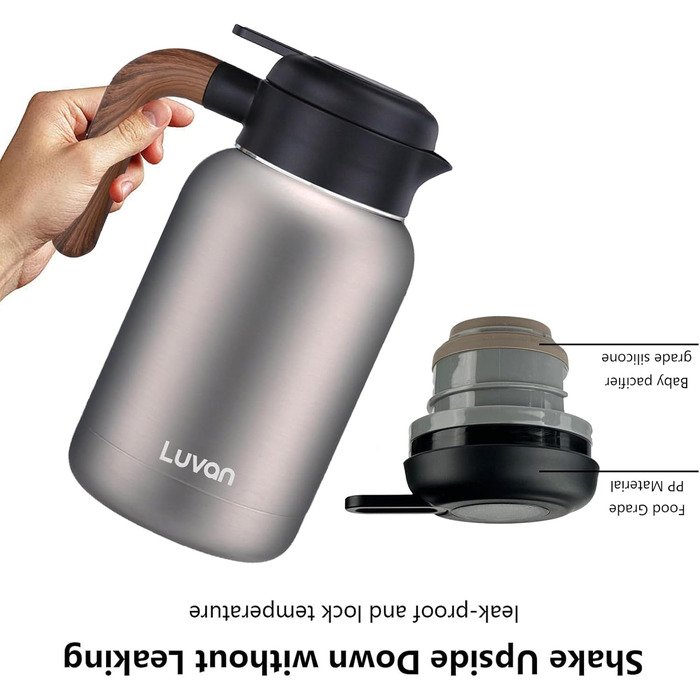 Кавник Luvan 2L з нержавіючої сталі 316 з подвійними стінками та вакуумною ізоляцією, термос для кави, кавовий поршень для термоса, ізольований горщик для соку/молока/чаю (сріблястий)