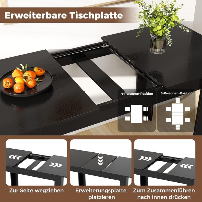 Розсувний обідній стіл COSTWAY, 120/158 x 70 см, Кухонний стіл для 4-6 осіб, Прямокутний обідній стіл для їдальні, Кухня, Чорний
