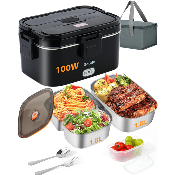 Електричний підігрівач їжі для ланчбоксу Eocolz 100 Вт, підігрівач їжі з подвійним контейнером 1,8 л, портативний підігрітий ланчбокс для автомобіля, вантажівки, роботи, виделка та ложка з нержавіючої сталі 12/24/110 В для дорослих, чорний - 1,8 л