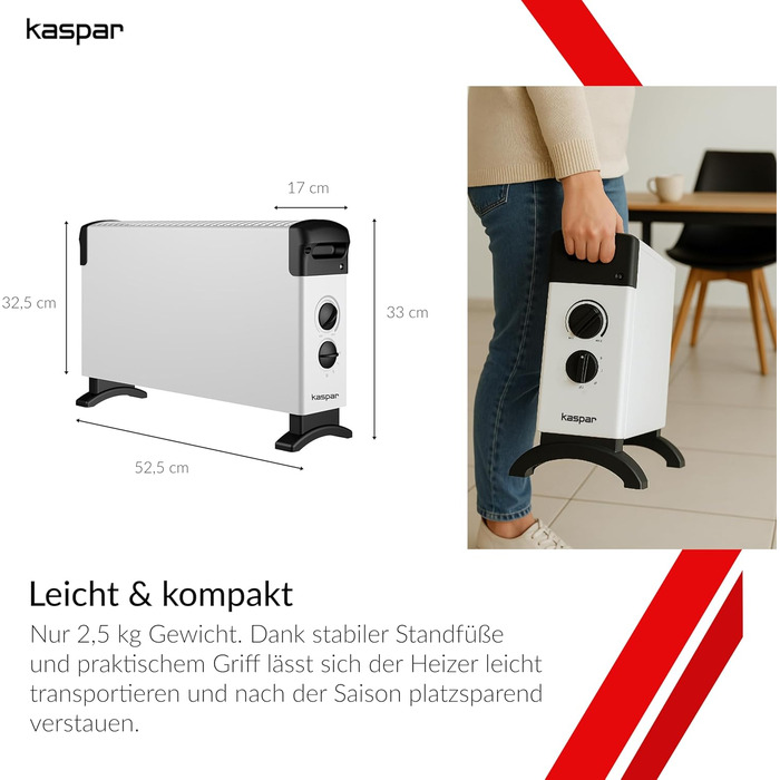 Конвекторний радіатор KASPAR з термостатом та 3 режимами нагріву, електричний обігрівач потужністю 750/1250/2000 Вт, білий