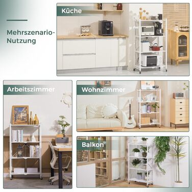 Складана полиця DEANIC, 4-рівнева книжкова полиця, кухонні полиці на колесах, металева полиця для вітальні, комора (61 x 116 x 28 см, білий) білий 4 яруси