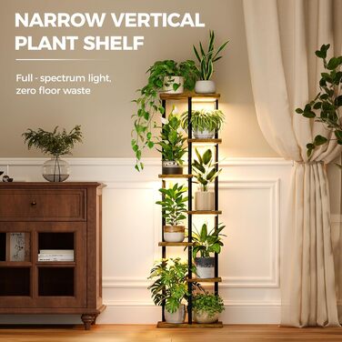 Підставка для квітів Bamworld з підсвічуванням для рослин, 7-рівнева кутова полиця для рослин з дерева та металу, міцний тримач для кімнатних рослин для вітальні, балкона, спальні, прикраса полиці для рослин, 7 рівнів