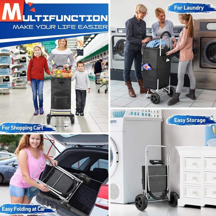 Складний візок для покупок, 75 л, 2-в-1, з 2 колесами, з рамою з нержавіючої сталі та знімною водонепроникною сумкою з брезенту (чорний)
