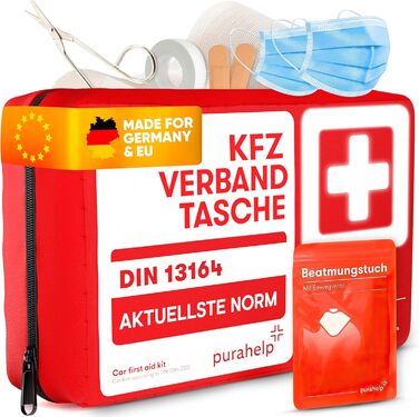 Автомобільна аптечка PURAHELP відповідно до чинного стандарту 2024 DIN 13164 (відповідає StVO) - Вкл. дихальний рушник - Автомобіл