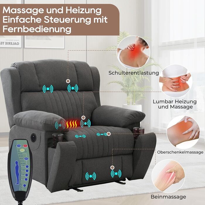 Електричне регульоване крісло для телевізора з функцією масажу, нахилу, вібрації, підігріву, прихованих тримачів для напоїв, портів Type-C та USB, крісло для телевізора для вітальні (сіре)