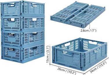 Складані пластикові коробки для зберігання Gunolye з 4 предметів, міцні, складані пластикові кошики, штабелювані пластикові транспортні коробки, спальня, офіс, 34 x 26 синього кольору