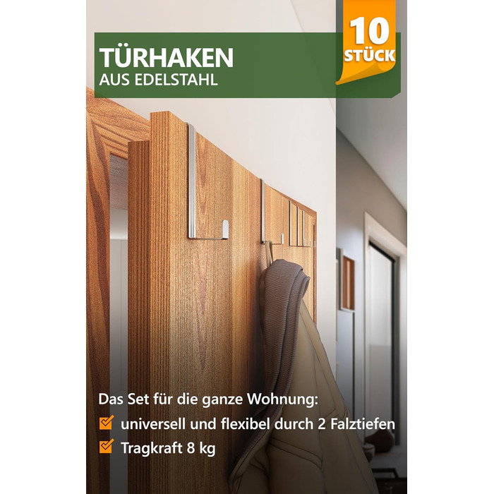 Дверні гачки 4smile - набір з 10 шт. , нержавіюча сталь - Дверні гачки для підвішування, універсальні, дверна вішалка для підвішув