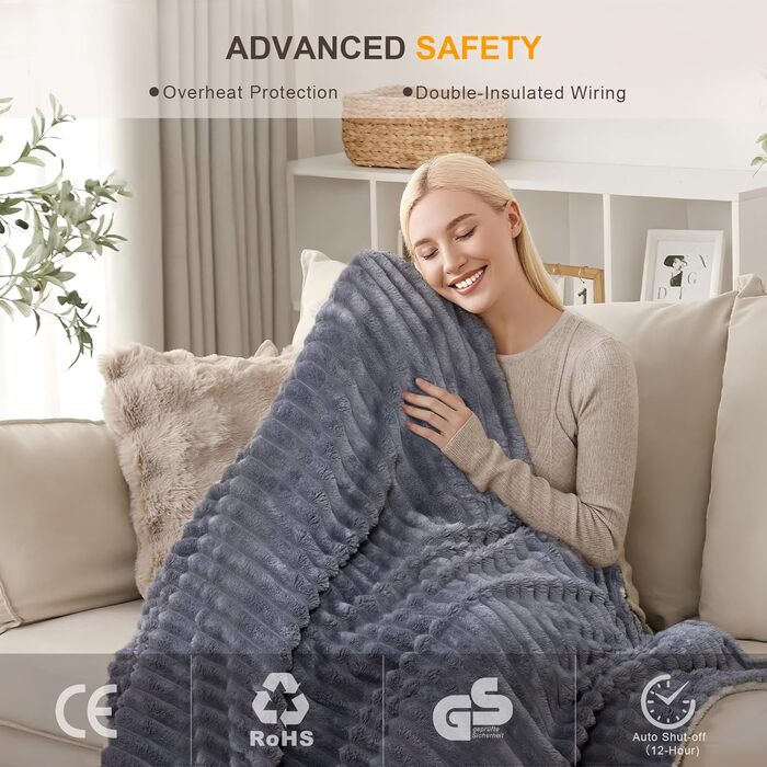 Електрична ковдра з підігрівом Nalone, ковдра з підігрівом та автоматичним вимиканням 160 x 130 см, ковдра з підігрівом та 9 налаштуваннями температури 12-годинний таймер Захист від перегріву Фланелева ковдра з підігрівом, яку можна прати в пральній машин
