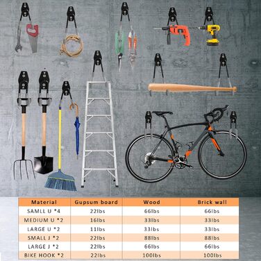 Гачки LAVAVIDA, 14 шт. Гаражне зберігання Подвійний гачок Настінний гачок для інструментів Багаторозмірний важкий залізний тримач інструментів Велосипед Настінне кріплення для домашнього крісла, організації, електроінструментів