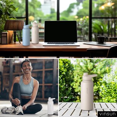 Пляшка для води Vinsun з нержавіючої сталі, бежева, 1 л - герметична, підходить для газованих напоїв, без BPA - трубочка, носик для пиття, термопляшка для спорту, активного відпочинку та школи, 1000 мл, бежевий