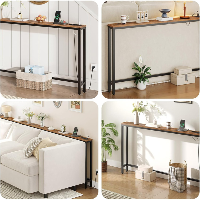 Вузький консольний столик HOOBRO, бічний столик довжиною 140 см, диванний столик із зарядною станцією, передпокійний столик, за диваном, у вітальні, у коридорі, металевий каркас, вінтажний коричнево-чорний EBF145CXG01 Вінтажний коричневий чорний