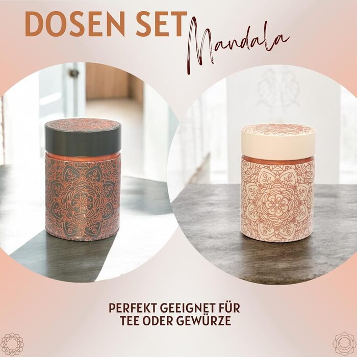 Бляшанка Мандала, 500 г кожна - набір з 2 шт. - майстерно лакована зі східними мотивами, кришка, що застібається - бляшанка для харчових продуктів, бляшанка для кави/чаю - Ø 11,5 см, висота 16,0 см, Мандала 500 г