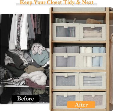 Набір із 4 органайзерів для гардеробу, коробки-органайзери для шафи з прозорими шухлядами, складні коробки для зберігання, 42 x 27,5 x 17 см, для штанів, сорочок, одягу, бежевий стиль 1 4L