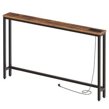 Вузький консольний столик HOOBRO, бічний столик довжиною 140 см, диванний столик із зарядною станцією, передпокійний столик, за диваном, у вітальні, у коридорі, металевий каркас, вінтажний коричнево-чорний EBF145CXG01 Вінтажний коричневий чорний