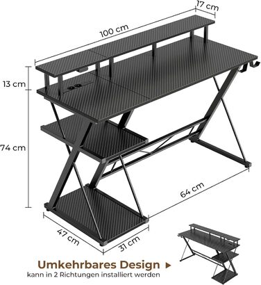 Ігровий стіл SEVEN WARRIOR зі світлодіодним освітленням та розетками, ігровий стіл з підставкою для монітора, комп&39ютерний стіл з 2 гачками, ідеально підходить для кабінету, спальні, вітальні, 100 x 47 x 87 см